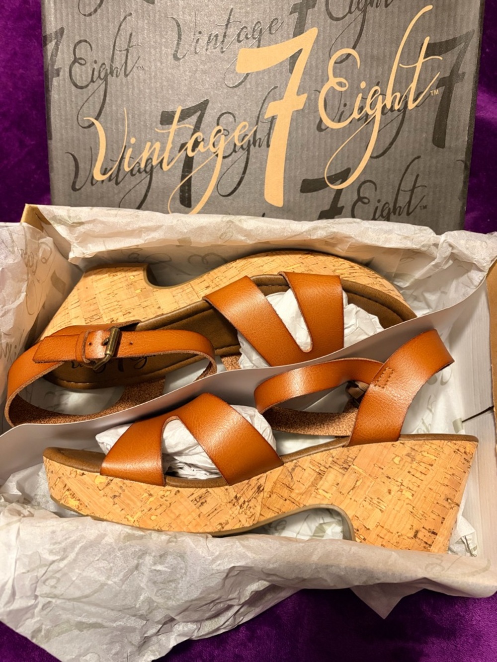 Vintage 7Eight Tan Cork Wedge Sandals with Cross-Strap Ankle Buckle